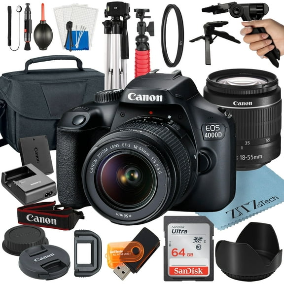 Canon EOS Rebel T100 / 4000D DSLR Camera Bundle with 18-55mm Zoom Lens   64GB SanDisk Card   Case   Tripod   ZeeTech Accessory (International Model)