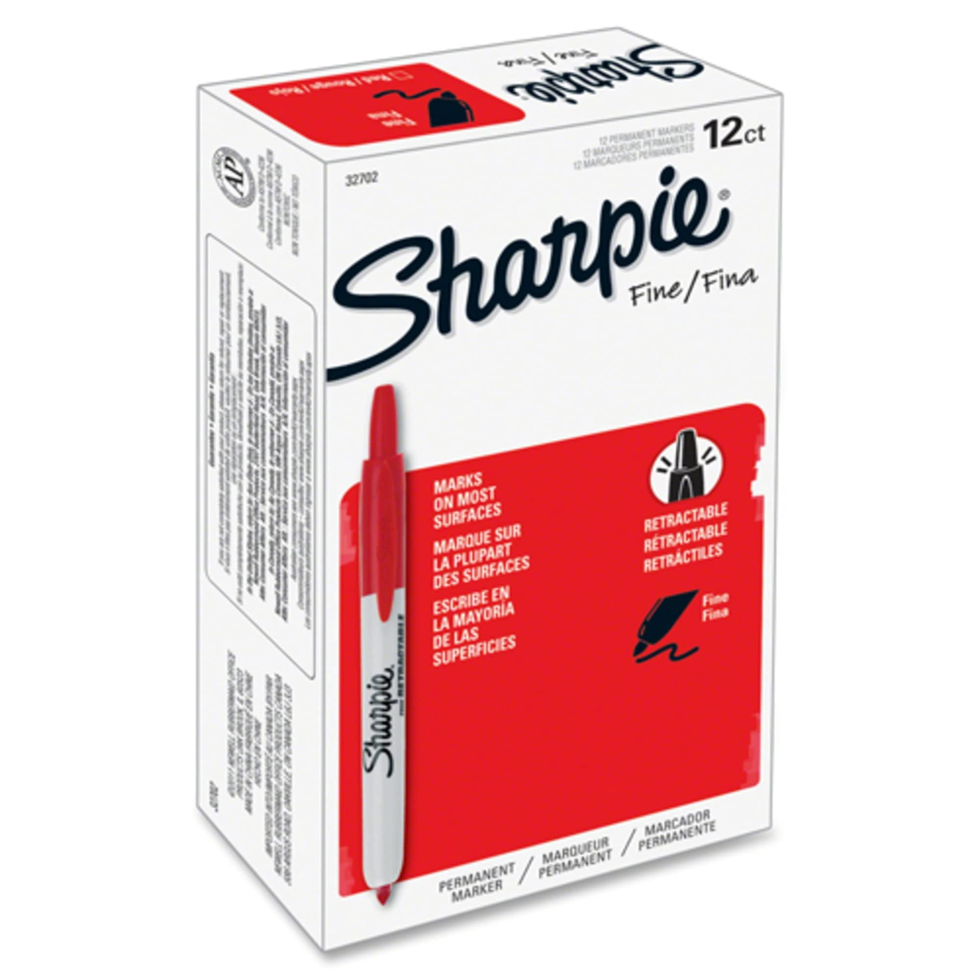Sharpie® Retractable Permanent Markers, Fine Point, Red, Box Of 12