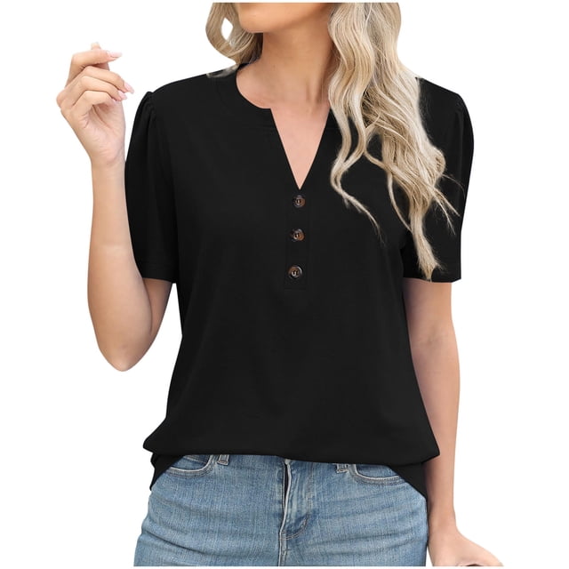 Plebaso Womens Tops V Neck Short Sleeve Casual Shirts Solid Color Loose Summer Tunic Blouses with Button