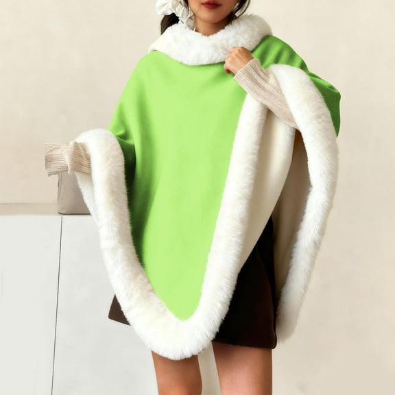 BLTIBY Faux Fur Trim Poncho for Women Thicken Warm Fleece Lined Cape Elegant Draped Winter Shawl Wraps Coats Fuzzy Pull On Cloak for Christmas Green Free Size