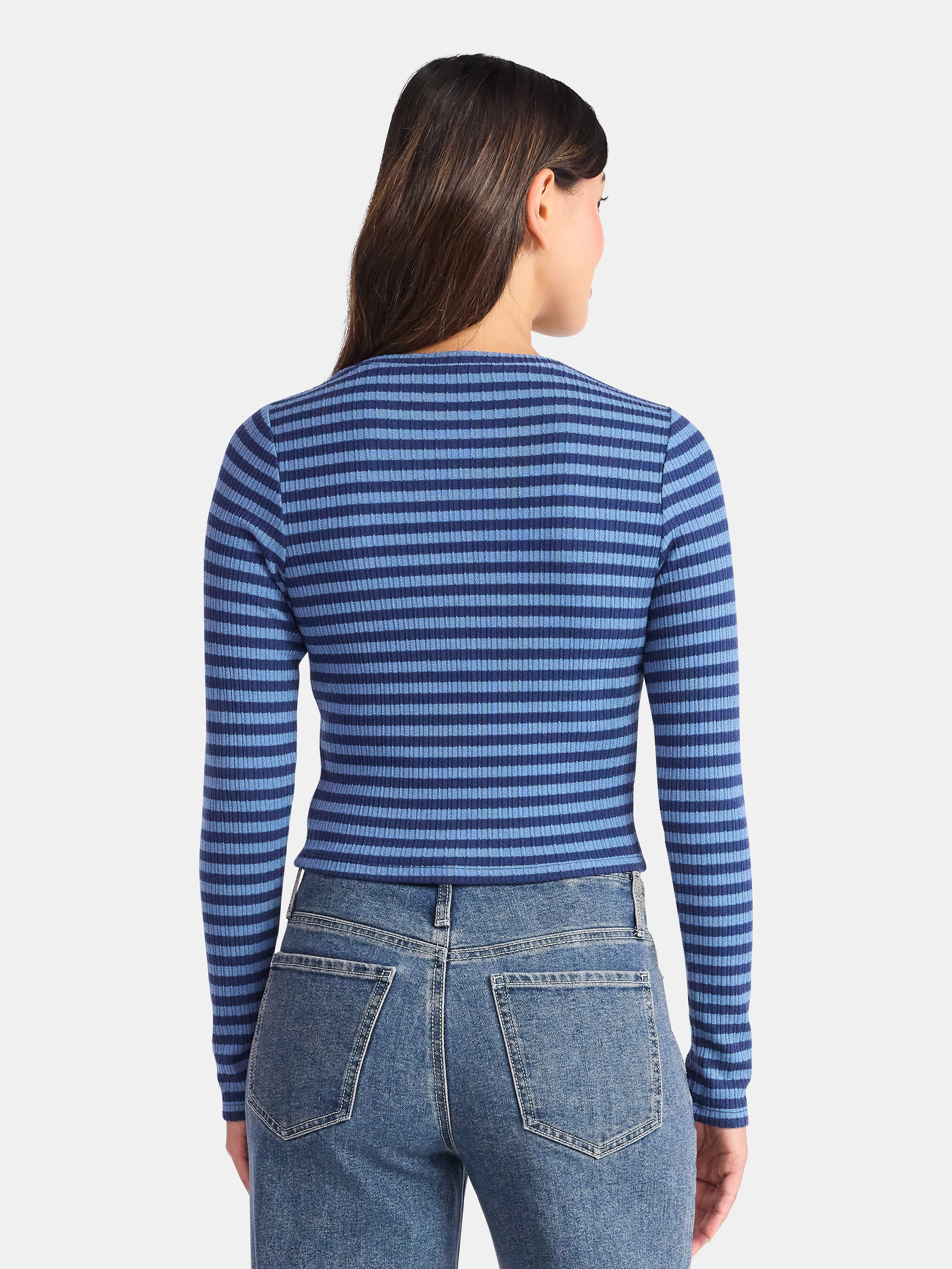 No Boundaries Graphic Striped Pointelle Long Sleeve Top, Womens