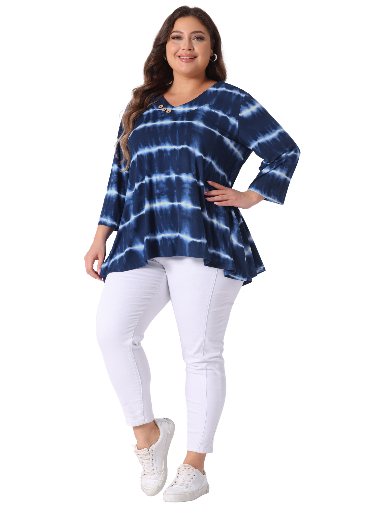 DARING DIVA Women's Plus Elbow Sleeve Blouse Tee Top Tie Dye T Shirts 4X Blue White