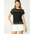 thumbnail image 3 of Allegra K Top de encaje floral transparente con mangas cortas y dobladillo curvo transparente para mujer Negro XS, 3 of 6