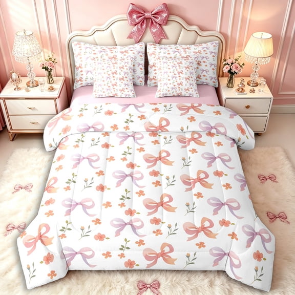 Manfei Teens Cartoon Gradient Bowknot Twin Bedding Sets 7-Piece,Girls Spring Garden Flowers Bedding Comforter Set,Pink Reversible,Ultra Soft Home Decor