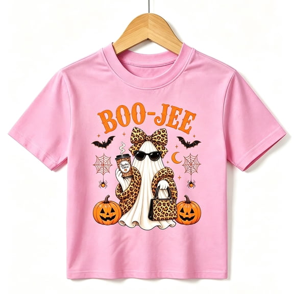 Halloween Girls T-Shirt Boo-Jee Ghost Leopard Print 100% Cotton Short Sleeve Kids Tees Gift For Children Pink