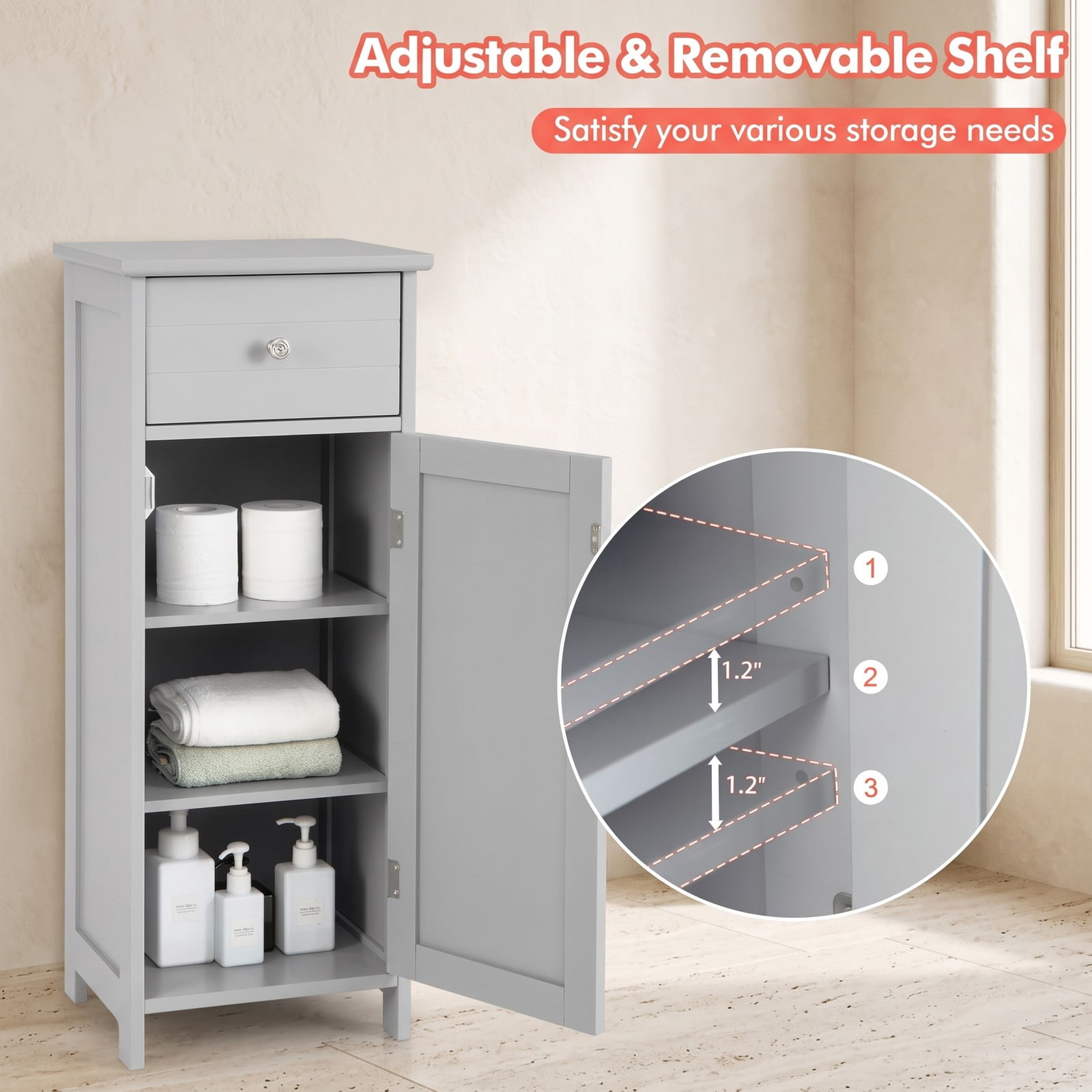 ALPULON Wooden Bathroom Floor Storage Cabinet with Drawer and Adjustable Shelf, Freestanding MDF Side Organizer for Bathroom Entryway Living Room, Gray