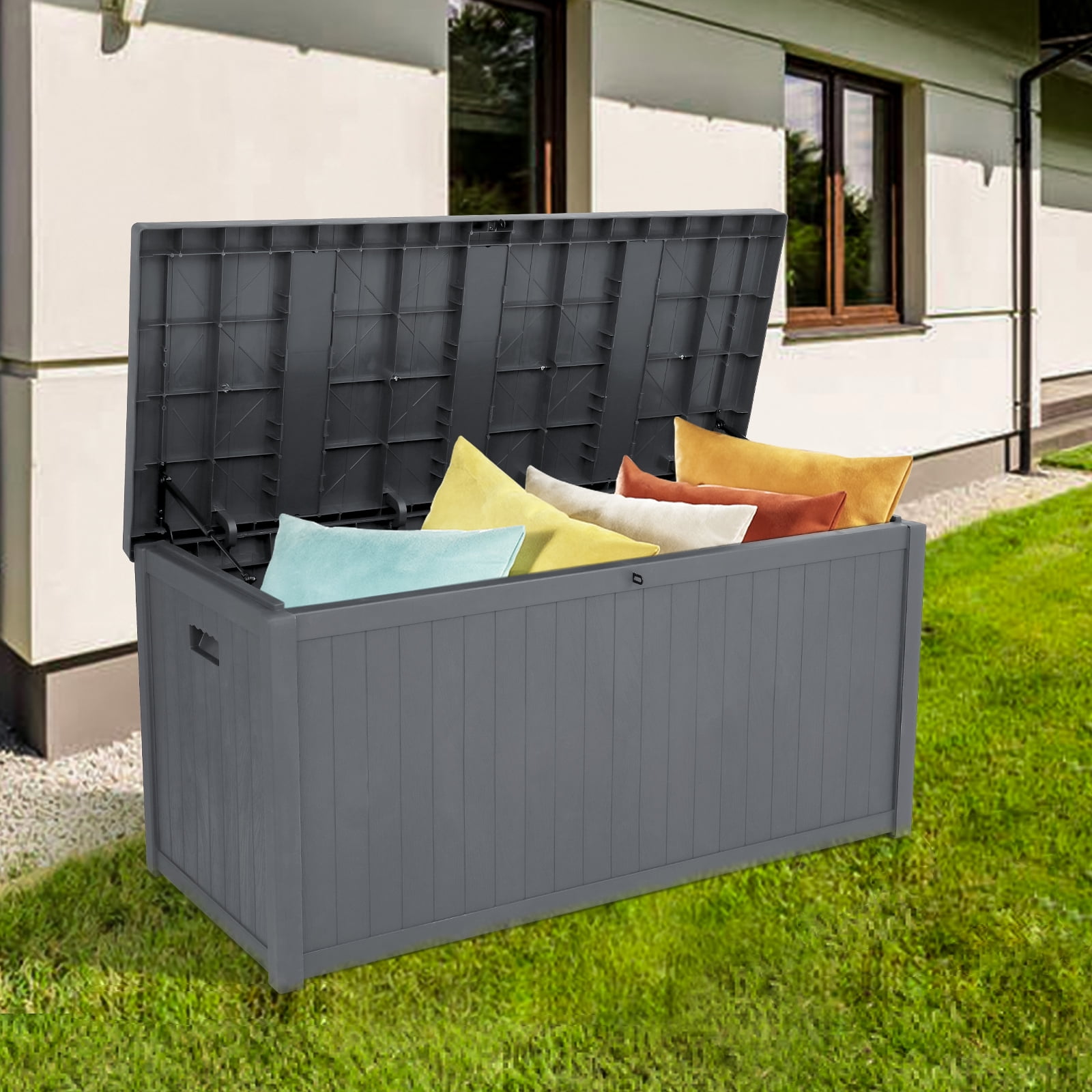 Sesslife Outdoor Storage Box, 113 Gallon Gray Polypropylene Resin