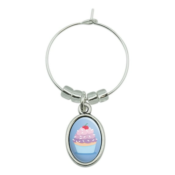 Cute Cupcake Vanilla Cherry with Sprinkles Wine Glass Oval Charm Drink Marker