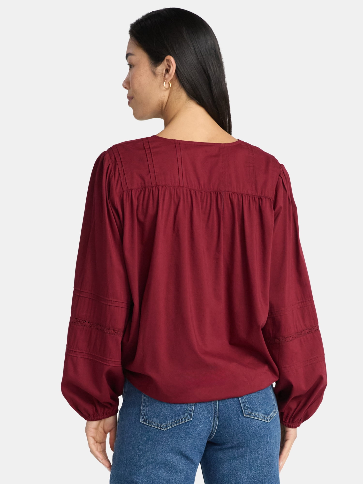 Time and Tru Women's Lace Inset Blouse with Long Sleeves, Sizes XS-XXXL