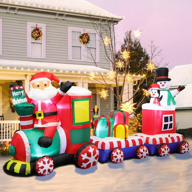Tren inflable navideño FunFanso de 8 pies con Papá Noel, muñeco de nieve y pingüino