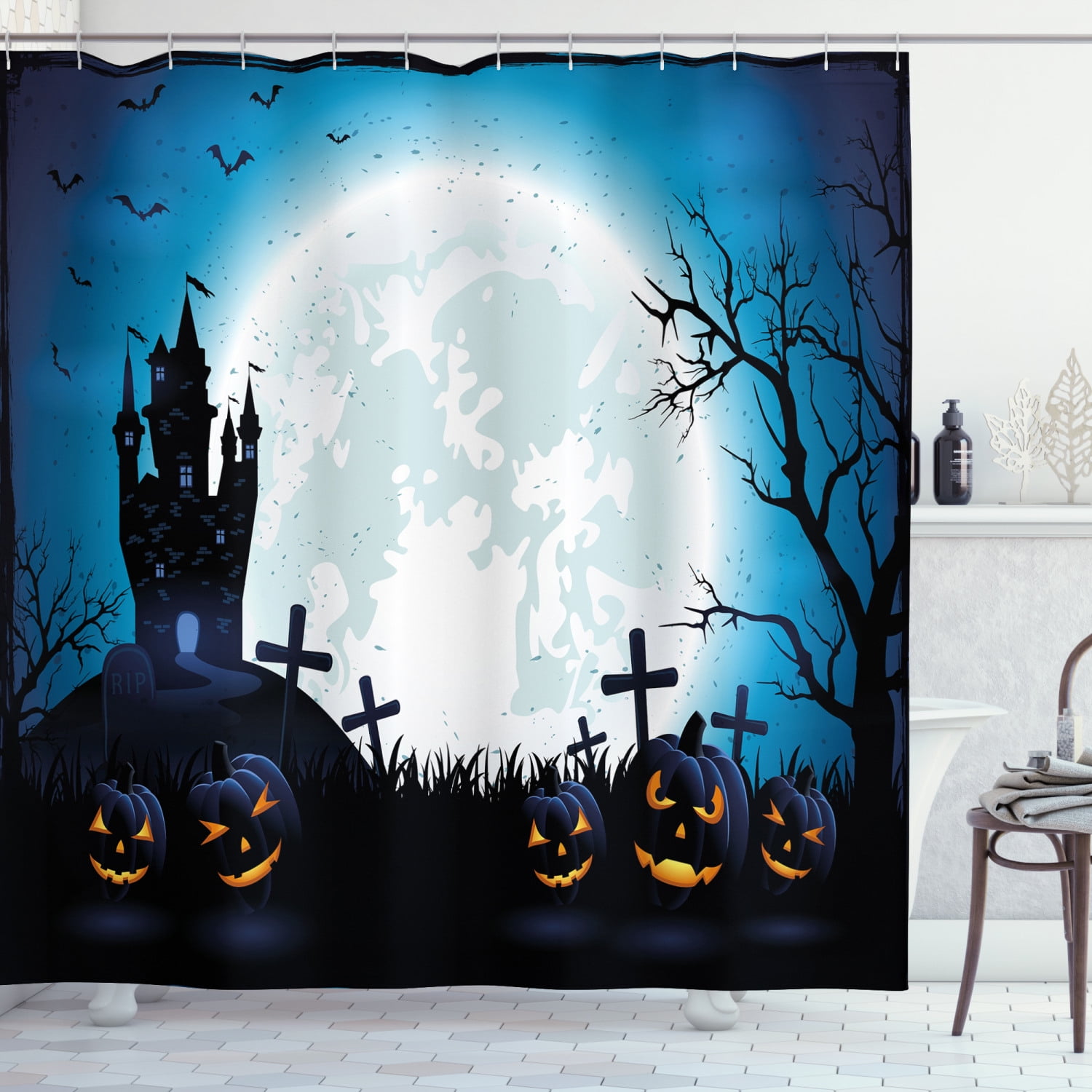 Spooky Halloween Graveyard Gate Haunted House Shower Curtain Set Bathroom Decor 