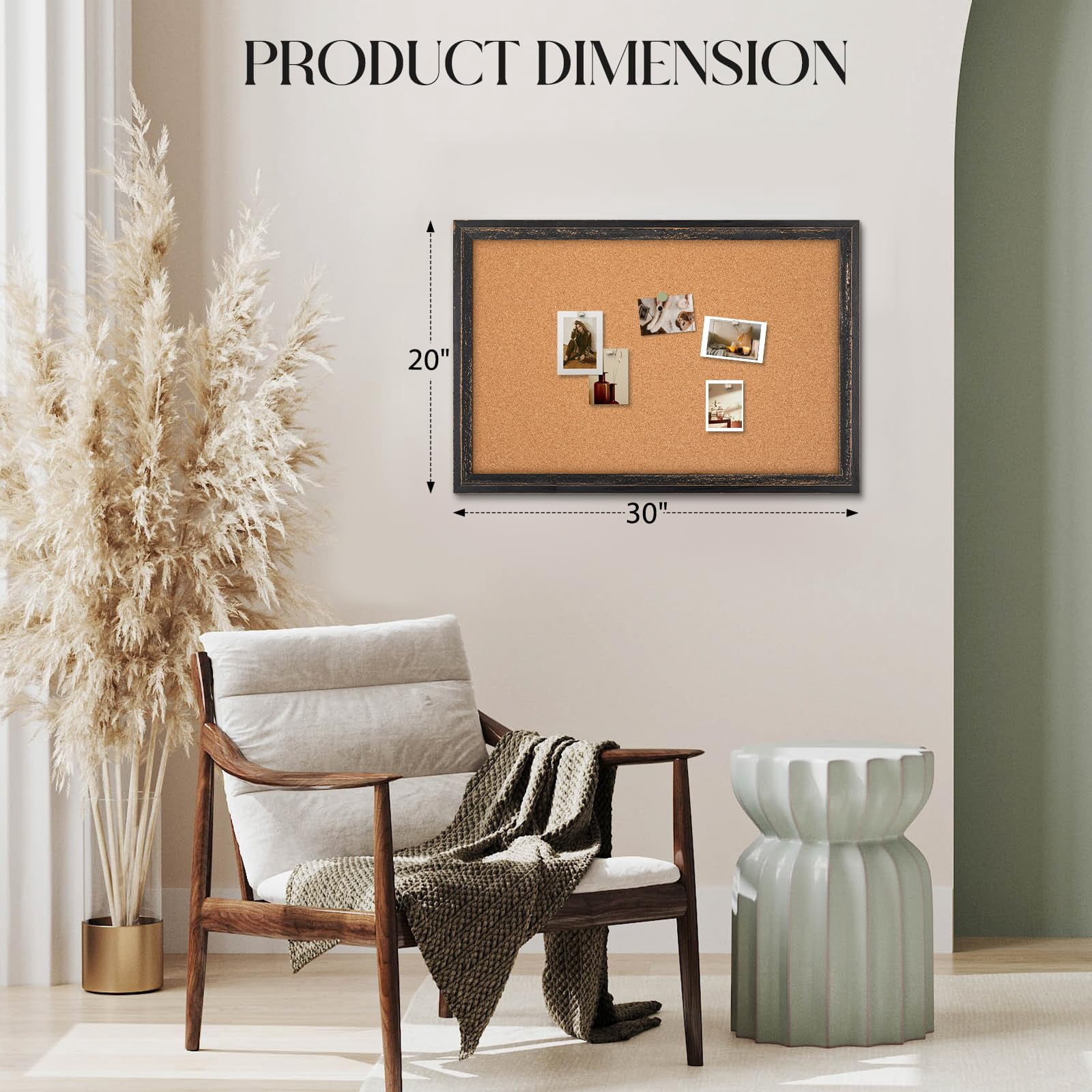 Cork Board Bulletin  30" X 20" Corkboard For Wall Rustic Black Wooden Frame Decorative Hanging Pin Home Office Room Decor 10 Push Pins