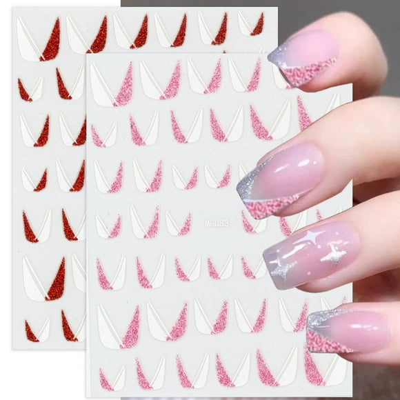 8 Sheets French Nail Art Sticker 3D Self-Adhesive V Shape Silver Glitter French Line Shiny Oblique Strip Design Nail Supplies Glitter French Tip Nail Sticker for Manicure DIY Nail Decoration