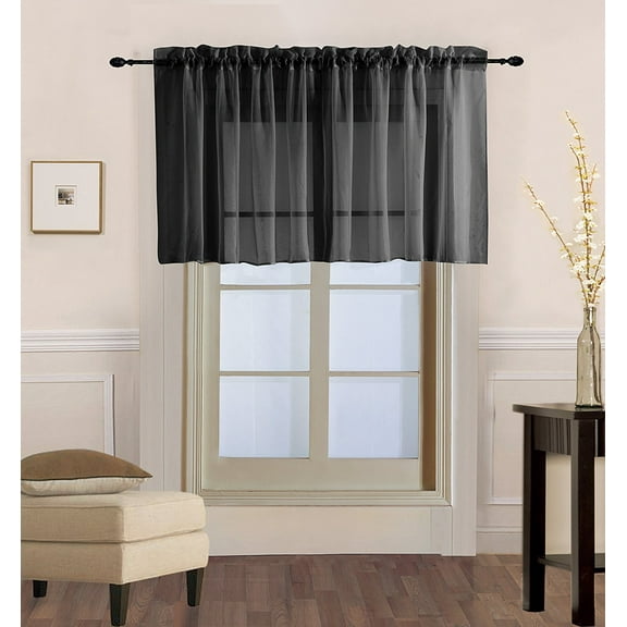 Decotex 1 Piece Sheer Voile Rod Pocket Multi Use Straight Window Curtain Valance Topper (55" X 45", Black)