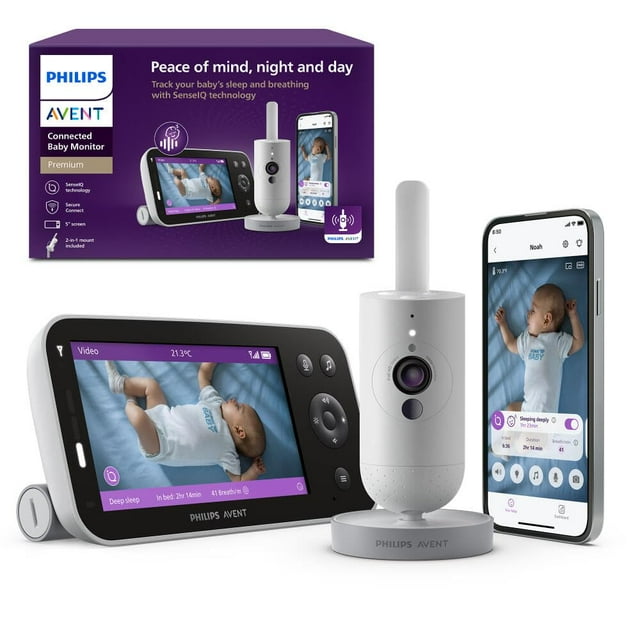 Philips Avent Monitor de bebé conectado premium, con cámara y aplicación de 1080p, seguimiento de frecuencia de sueño y respiración SenseIQ, detección y traducción de llanto, vista diurna y nocturna,