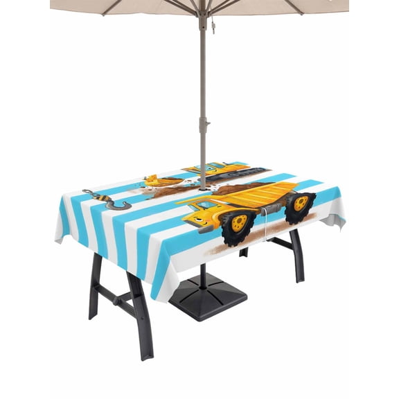 Outdoor Tablecloth with Umbrella Hole for Patio/Picnic/Party/Camping, Yellow Truck Waterproof Table Cloth Rectangle Table Cover Washable, Cartoon Blue Striped Farmhouse Modern Art (60"x 102")