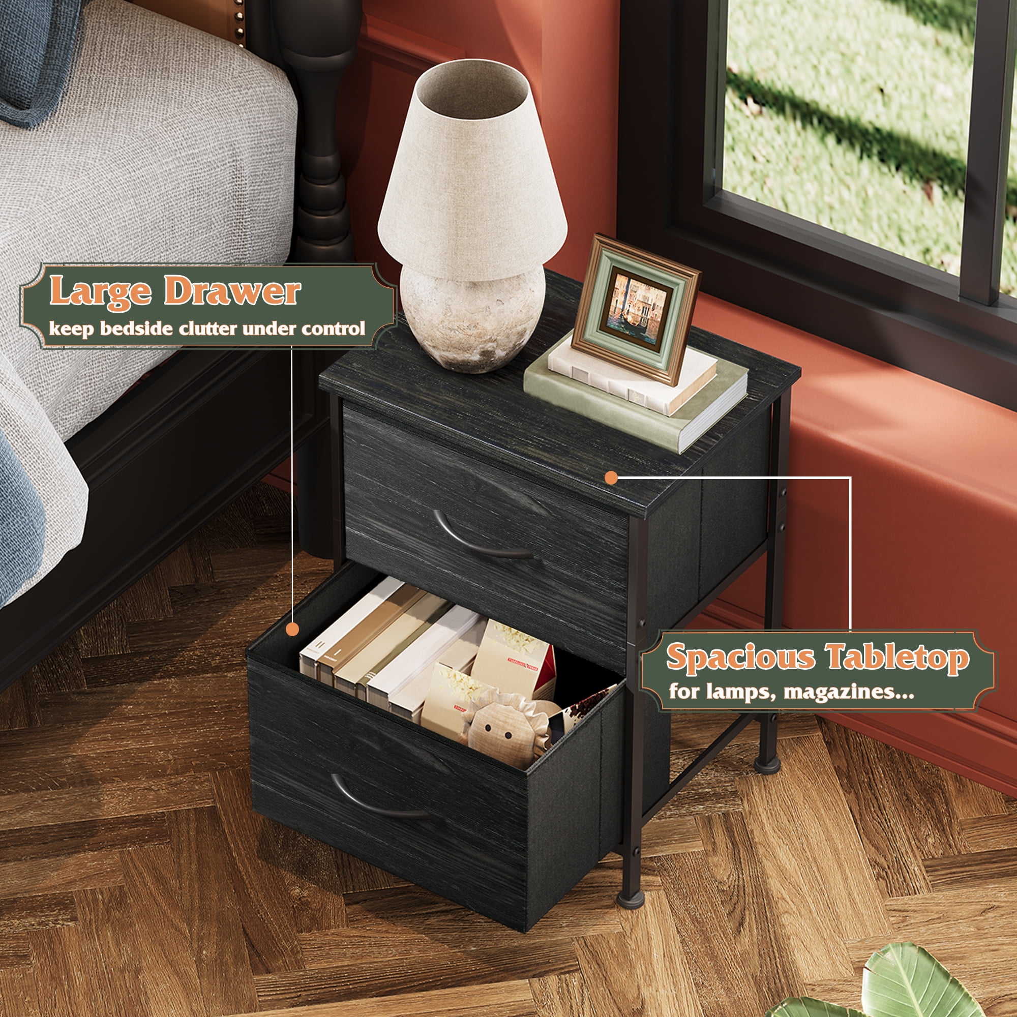 GALAXHERO Nightstand Set of 2 with 2 Fabric Drawers, Small Bedroom Dresser and Bedside Table for Dorm and Small Spaces, Charcoal Black Wood Grain Print