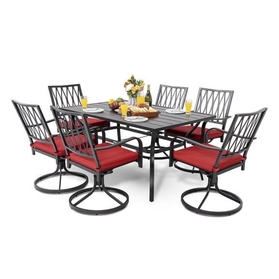 Nuu Garden 7 Piece Outdoor Patio Metal Dining Set with Swivel Cushioned Chairs & Rectangle Table for 6-Person,Black and Red Cushion