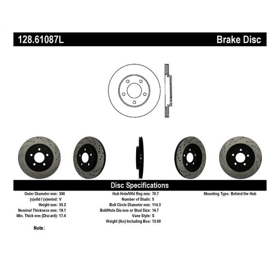 StopTech 128.61087L StopTech Sport Rotors; Drilled; Rear Left;11.81 in. Dia.; 1.38 in. Height; Fits select: 2005-2014 FORD MUSTANG