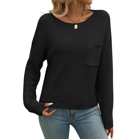 SHIBEVER Womens Sweater long sleeve fall tops crew neck Tunic shirts Casual Lightweight Knit Pullover with pocket black