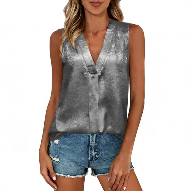 Tops de Color Sólido para las Mujeres Estampado Caliente V-Cuello sin Mangas de la Blusa de la Fiesta Glam, Tops de la Fiesta para las Mujeres