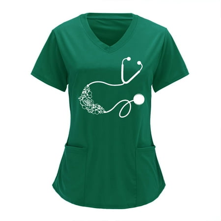 

Deals of the Day Tarmeek V-Neck Short Sleeve Scrub Tops for Women Ladies Plus Size Partial Print Blouse Casual Pockets Working Nurse Uniform Workout Tops Workwear T-Shirts with 3 Pockets