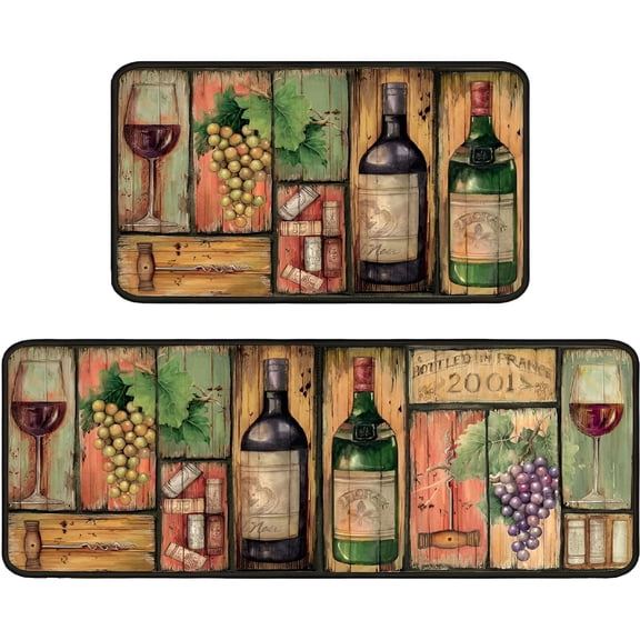 AUQ Wine Kitchen Rugs Italian Kitchen Mats for Floor 2 Piece,Anti Fatigue Floor Mat for Kitchen,Kitchen Floor Mats for in Front of Sink and Kitchen Matt for Standing for Kitchen Decor 17"X30" 17"X47"