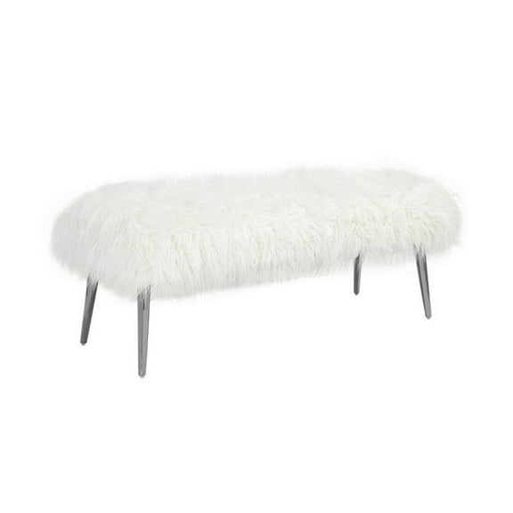 Benjara BM313473 45 in. Ammy Bench with Foam Fill Seat, Faux Fur & Metal Legs - White & Silver