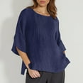 thumbnail image 2 of Women's Linen T-Shirt Casual 3/4 Sleeve Crew Neck Pleated Summer Blouse Loose Fit Tunic Basic Solid Color Top, 2 of 2