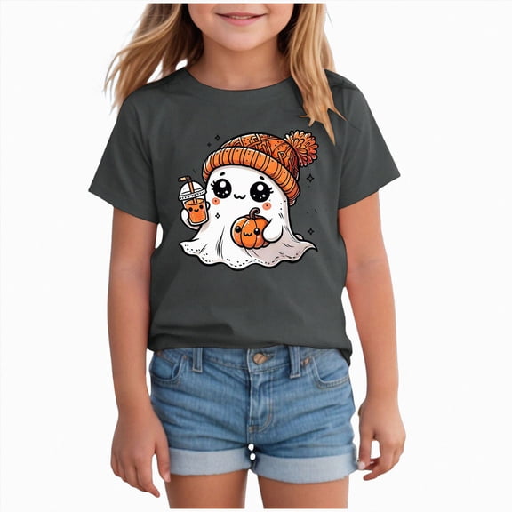 xaweyi Girls Halloween Tee Cute Ghost with Bow Graphic Short Sleeve Crew Neck Holiday Shirt,Sizes 18-24 Months