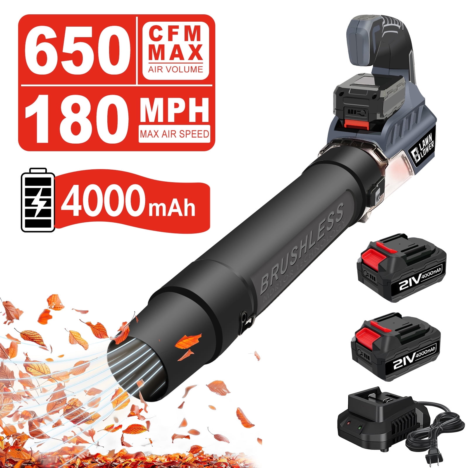 Conhome 21V Brushless Cordless Electric Blowe,180MPH 650 CFM Handheld Leaf Blower, 2 x 4.0Ah 21V Batteries and Fast Charger, for Fall Leaf, Lawn/Garden Care, Snow, Debris, Dust