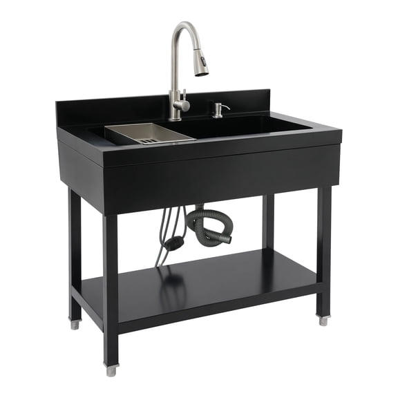 Freestanding Sink, Kitchen Sink, Black Stainless Utility Laundry Basin, 35.4”, 201 Steel, 360° Swivel Pull-Out Faucet, Dual Water Modes, Hot & Cold, Storage Shelf, Draining Basket, Durable