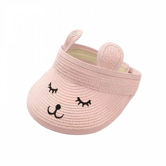 TELOLY Baby Roll-Up Straw Visor Hat Sun Hat,Kid Toddler Wide Brim Cute Bunny Ponytail Summer Beach Sun Hat Adjustable for 1-4 Years Pink