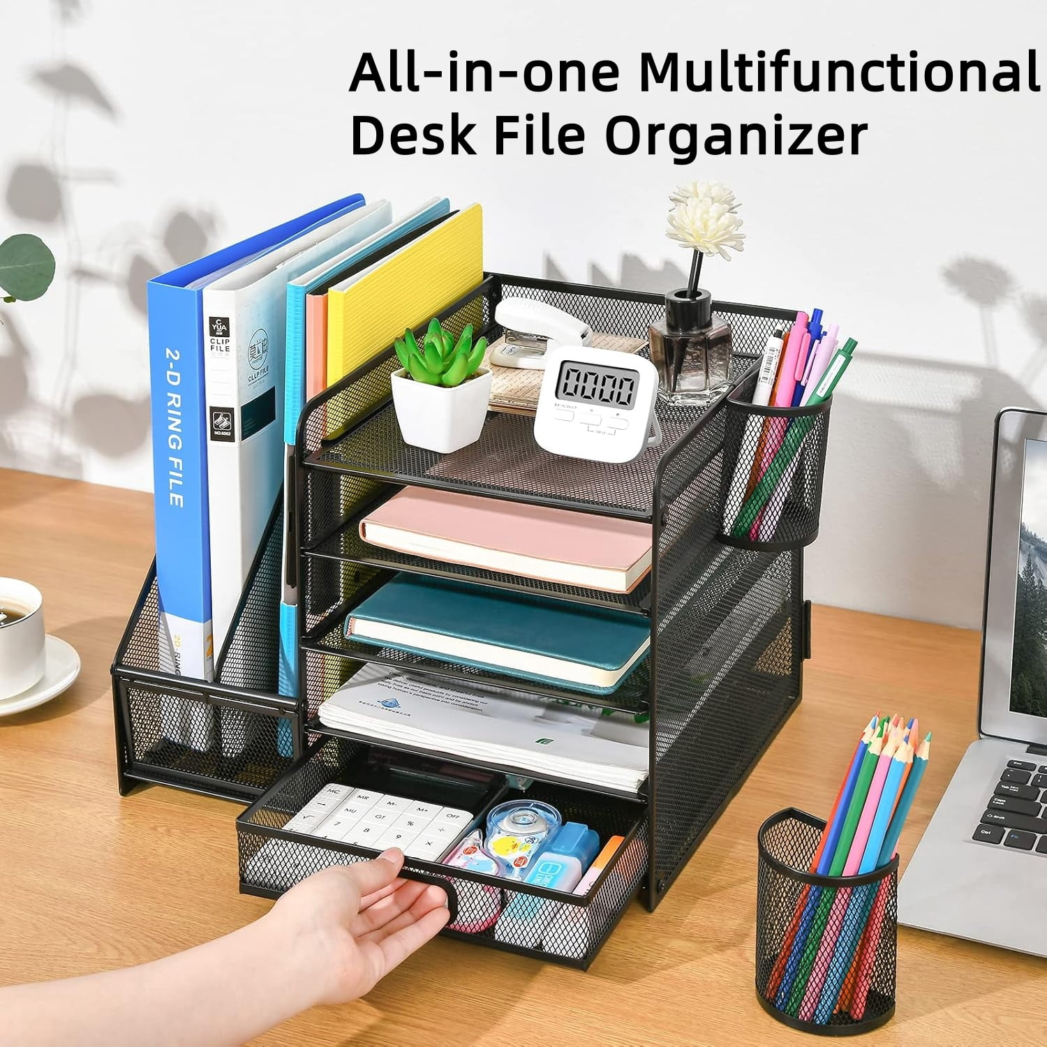 Behome Desk Organizer with File Holder, 5-Tier Desktop File Organizer with Drawer and 2 Pen Holders, Desk File Organizer for Office, Home or School, Black