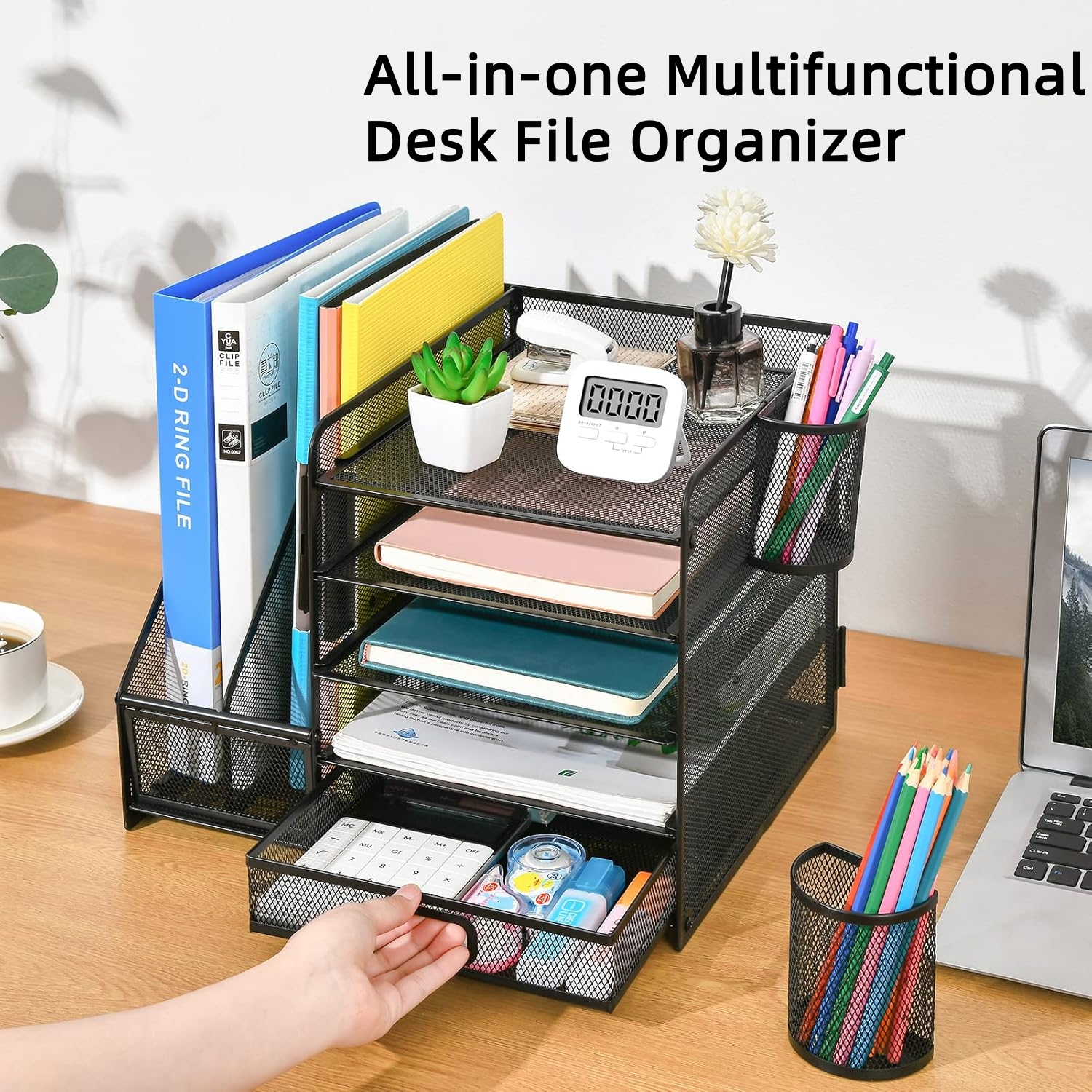 Organizador de escritorio Behome con portaarchivos, organizador de archivos de escritorio de 5 niveles con cajón y 2 portalápices, para oficina y hogar, negro 7