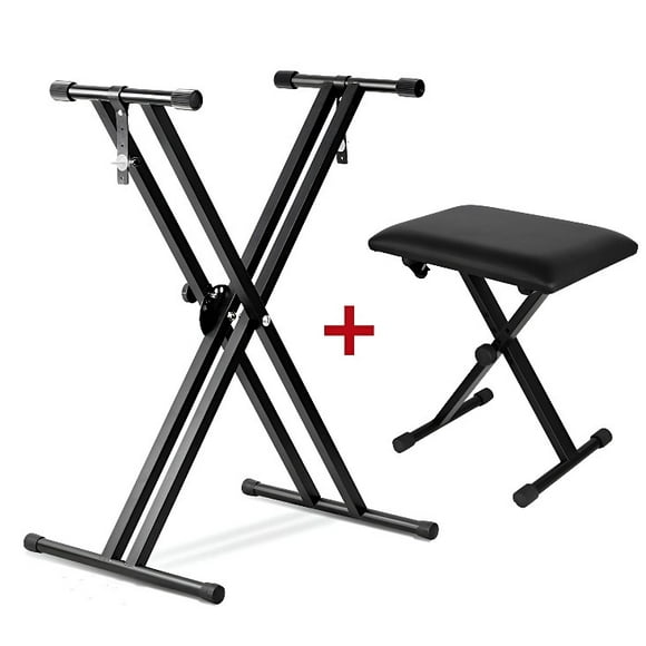 Keyboard Stand and Bench Set, Foldable Double X Keyboard Stand Music Electronic Piano Stands + X Style Adjustable Padded Piano Keyboard Bench Seat
