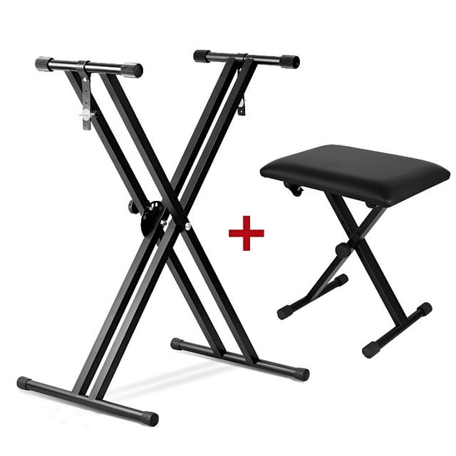 Ensemble Support de Clavier et Banc, Support de Clavier Pliable Double en X pour Musique et Piano Électronique + Siège de Banc de Clavier de Piano Rembourré Réglable Style X