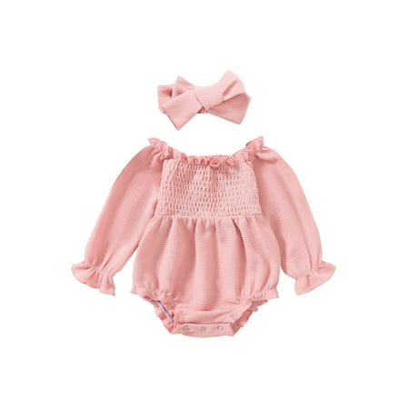 

Baby Girls Romper Set Long Sleeve Off-shoulder Pleated Romper with Hairband Fall Outfit