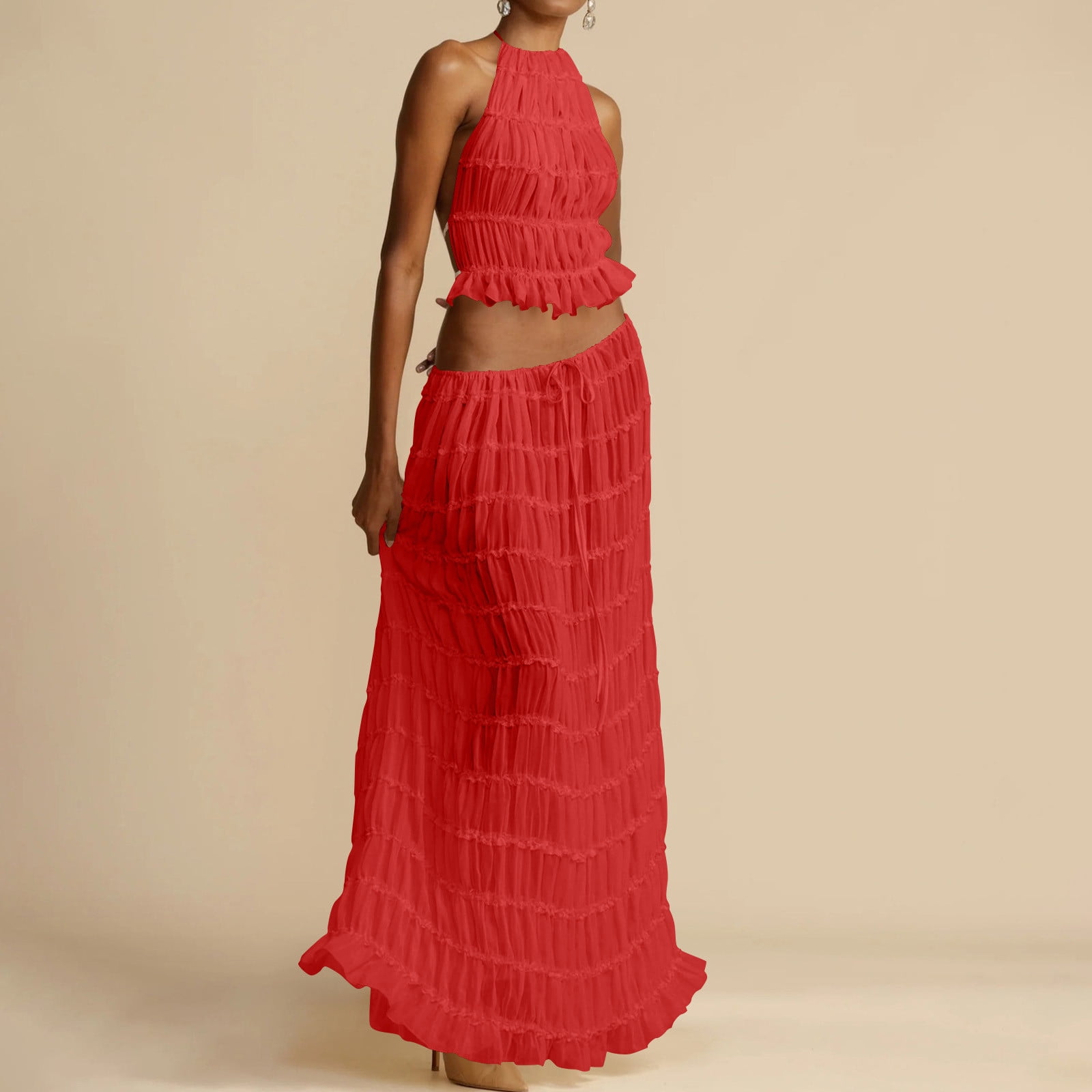 Womens Y2k Skirt Set Backless Lace Halter Crop Top and Long Skirt Sets Beach Cocktail Club Dress Fashion Outfit