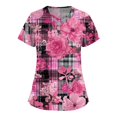 thumbnail image 2 of WTOBBY Women's Stylish Cross V-Neck Short Sleeve Work Overalls with Double Layer Pockets Printed Scrub Top, Functional Nursing Uniform Apparel Comfortable for Long Hours ,Pink S, 2 of 5