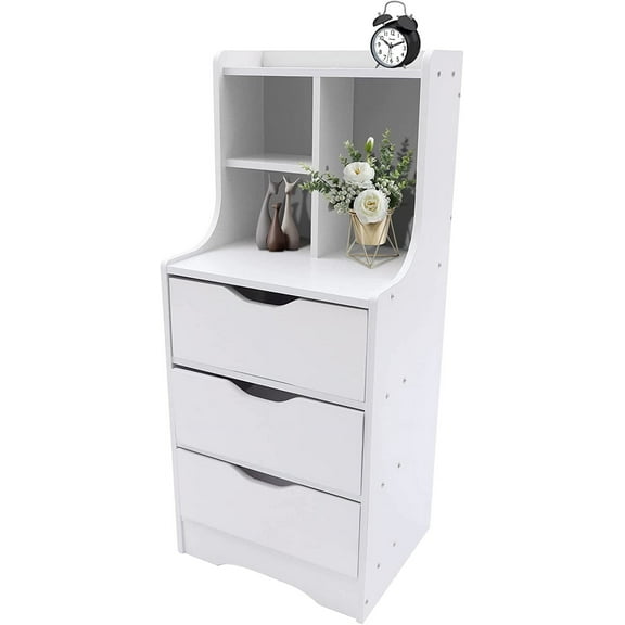 Tall Nightstand with Bookshelf, Bedside Bookshelf Nightstand with 3 Drawers, Bedside Table End Side Table for Bedrooms Living Room, White