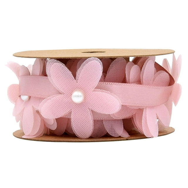 1 Roll of 2M Creative Flower Lace Ribbon Cloth Fabric Clothes Flower Ribbon Band Gift Wrapping Supplies for Wedding DIY Craft (Pink)