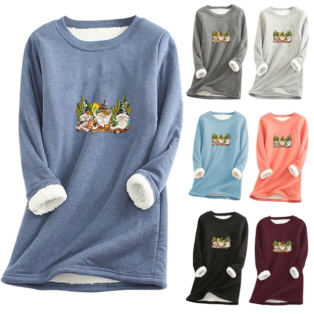 DDAPJ pyju Chandail Doublé en Sherpa pour Femmes, Hauts en Molleton Thermique, Imprimé Mignon de Gnome, Col Rond, Manches Longues, Chandail Ample et Confortable, Vêtements de Détente en Liquidation, Bleu TTG