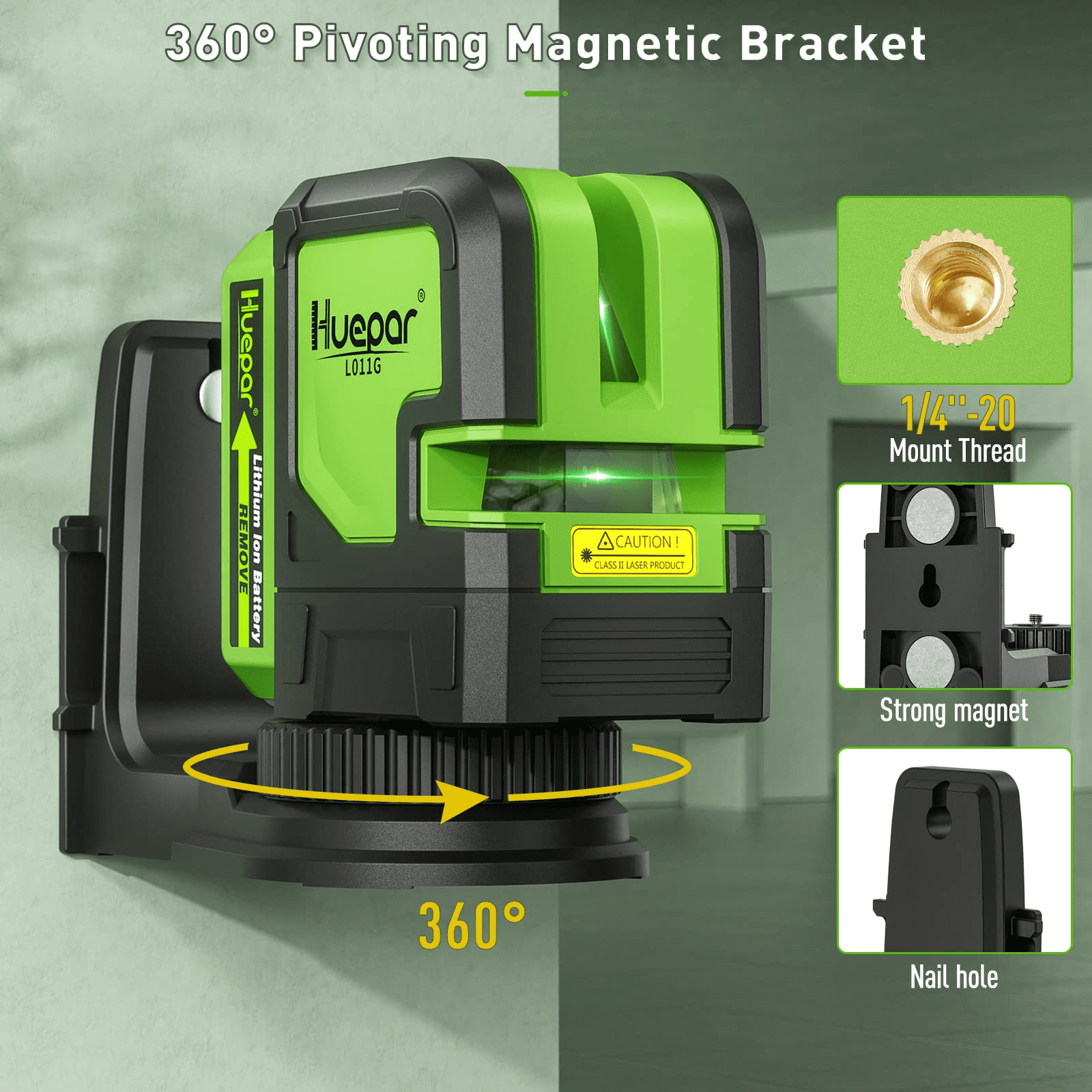 Huepar Green Beam Cross Line Laser Level Outdoor Self Leveling Laser Level Tools with 5200mAh Li-ion Battery