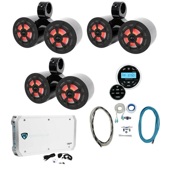 3 Rockville Dual 6.5" Marine Wakeboard LED Speakers Receiver Amplifier Wire Kit