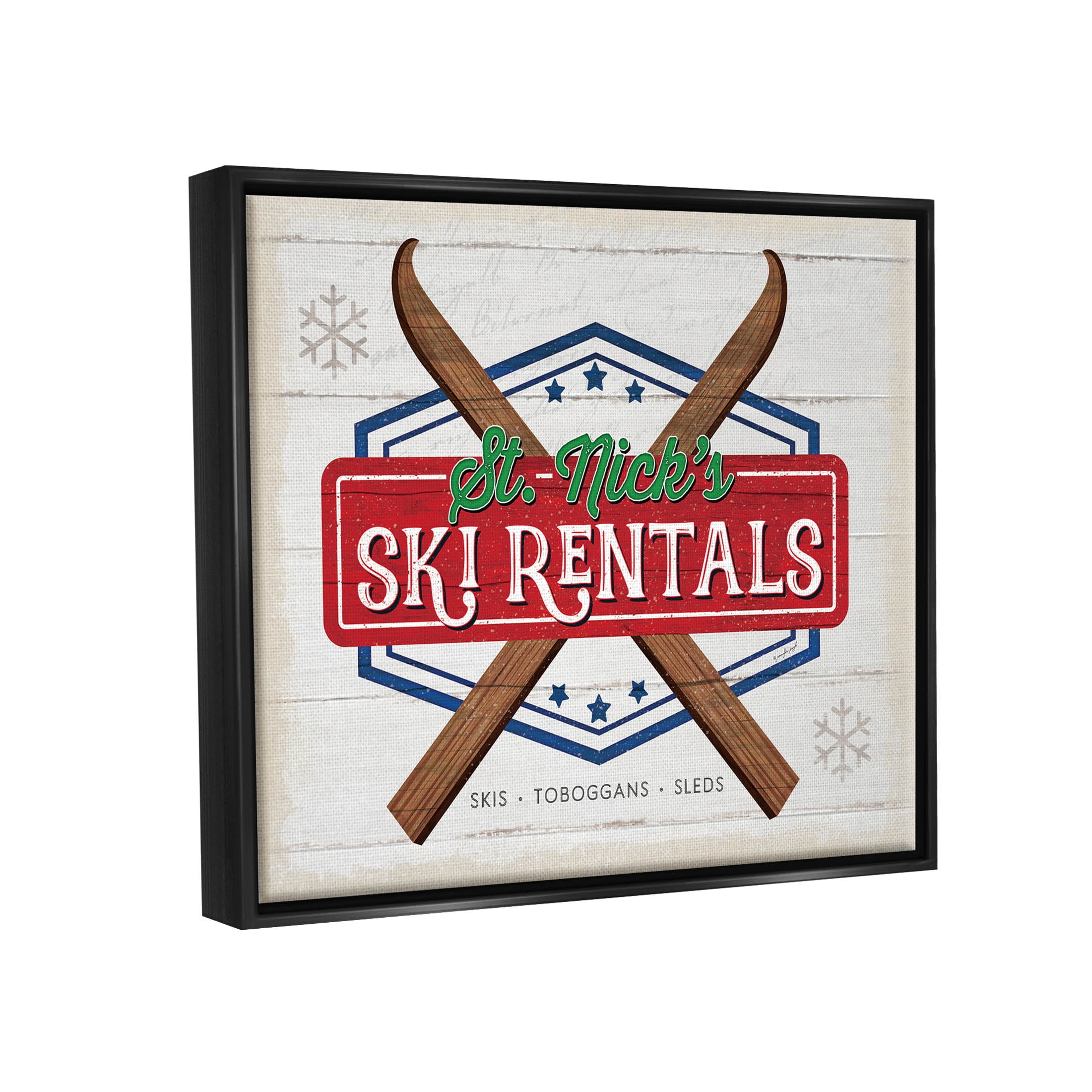Stupell Industries St. Nick's Ski Rentals Vintage Graphic Art Jet Black Floating Framed Canvas Print Wall Art, Design by Jennifer Pugh