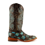FERRINI Womens Patchwork Square Toe Boots, Color: Black/Teal, Size: 9-B