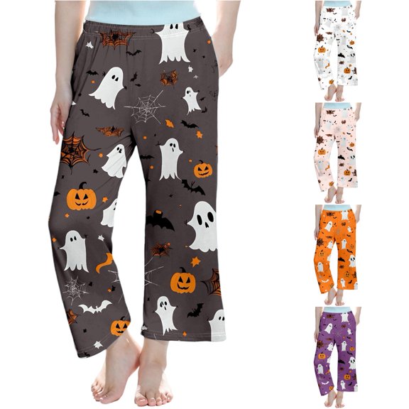 XAOFW Halloween Girls Pants Pumpkin Ghost Print Elastic Waistband Straight Leg Pajama Pants Toddler Kids Comfortable Everyday Wear Fall Pants