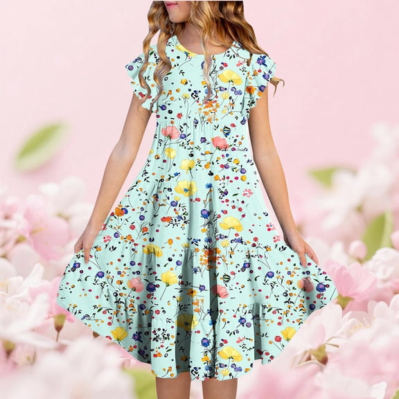 Girls Floral Summer Dress with Flutter Sleeves, Tiered A-Line Play Dress, Keyhole Back, Soft Stretchy Machine Washable, for Kids Girls 6-14 Years, Multicolor,Size 10-11T