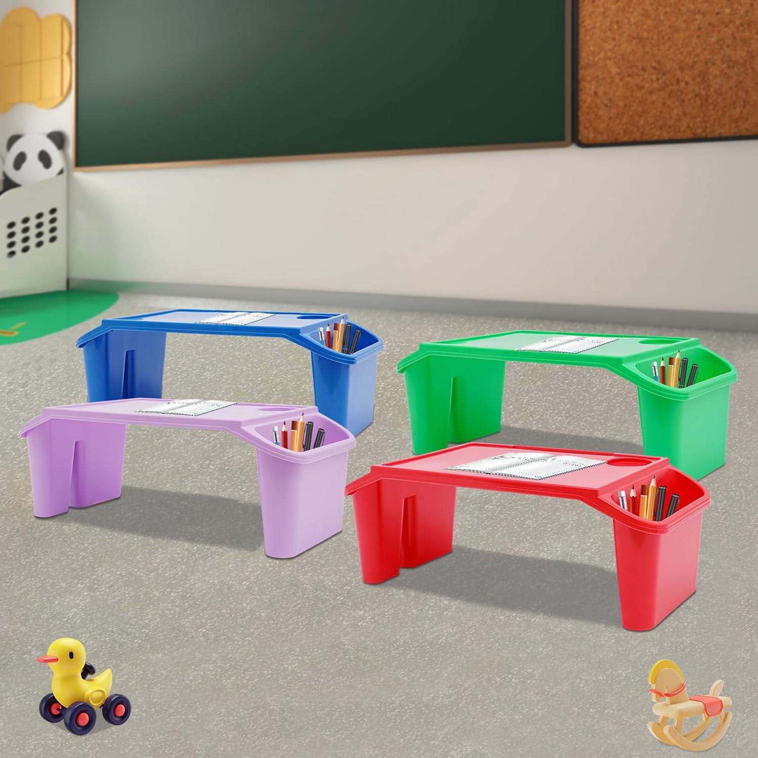 Miumaeov 4 Pcs Kids Lap Desk Tray Plastic Breakfast Laptop Trays with Side Pockets for Writing Eating Snacks Boy Girl Multicolour